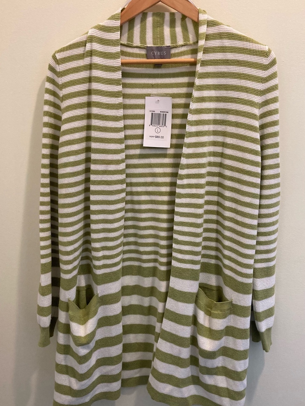 Cyrus Green & White Striped Open Cardigan